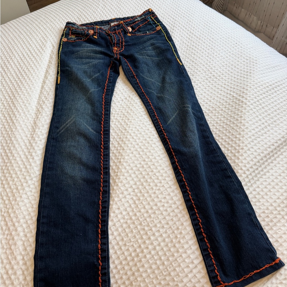 True Religion Dark Blue Yellow & Orange Embroidered Jeans - Picture 4 of 7